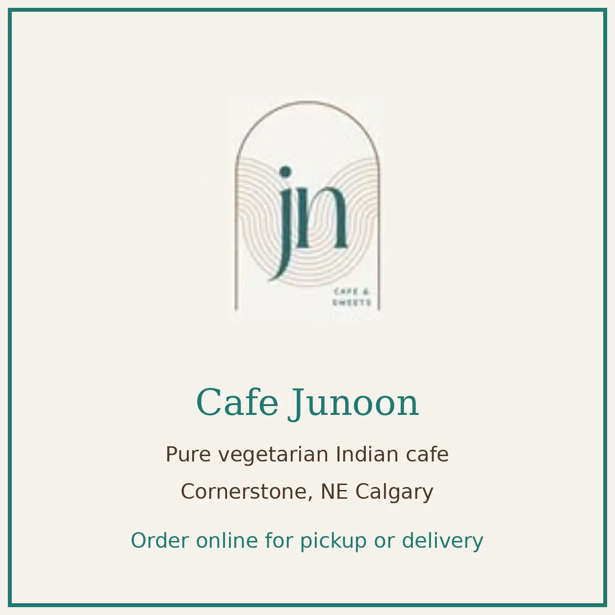 Cafe Junoon offer — pure vegetarian Indian food in Cornerstone, NE Calgary